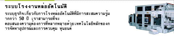 ระบบโรงงานหล่ออัตโนมัติ  ระบบธุรกิจเกี่ยวกับการโรงหล่ออัตโนมัติที่มีการสะสมความรู้มากกว่า 50 ปี เราสามารถที่จะ  ตอบสนองความต้องการที่หลากหลายด้วยเทคโนโลยีหลักของการจัดหาอุปกรณ์และการควบคุม  หุ่นยนต์